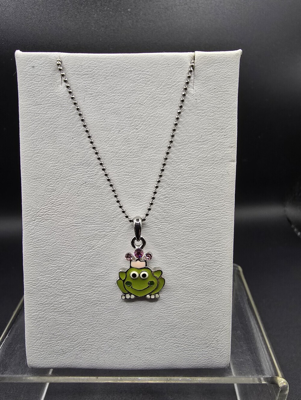 Cookie Lee Green Frog Pendant Necklace with Pink Crown and Small Rhinestone